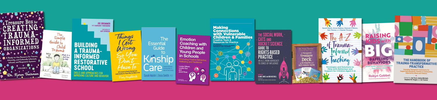 A dual coloured banner with a selection of books for social work and care professionals 