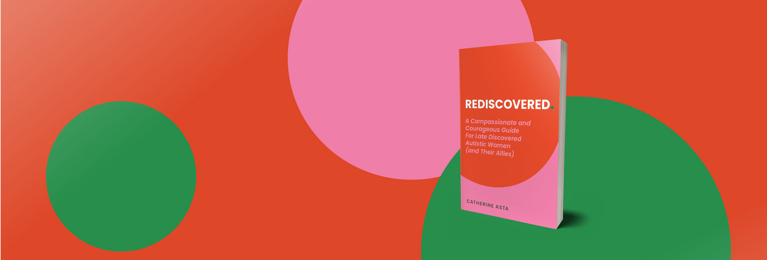 A colourful banner with several bright polka-dots surrounding the book cover for Rediscovered.