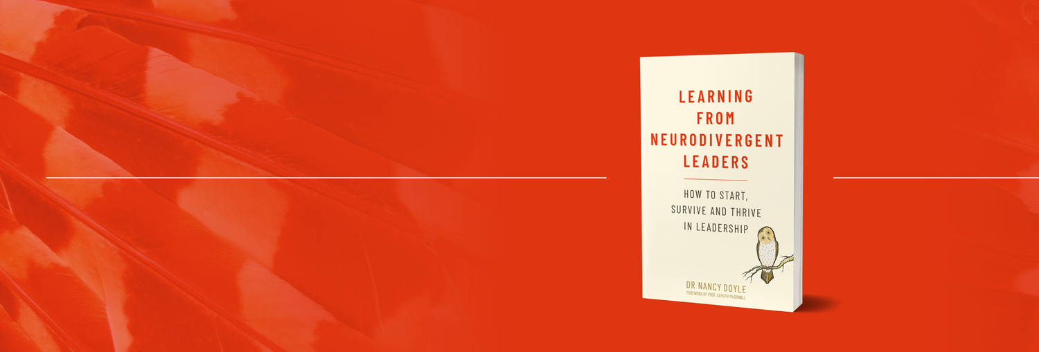 A colourful banner with a textured background to the left and the book cover for Learning From Neurodivergent Leaders on the right, with a single white line in the center joining them. 