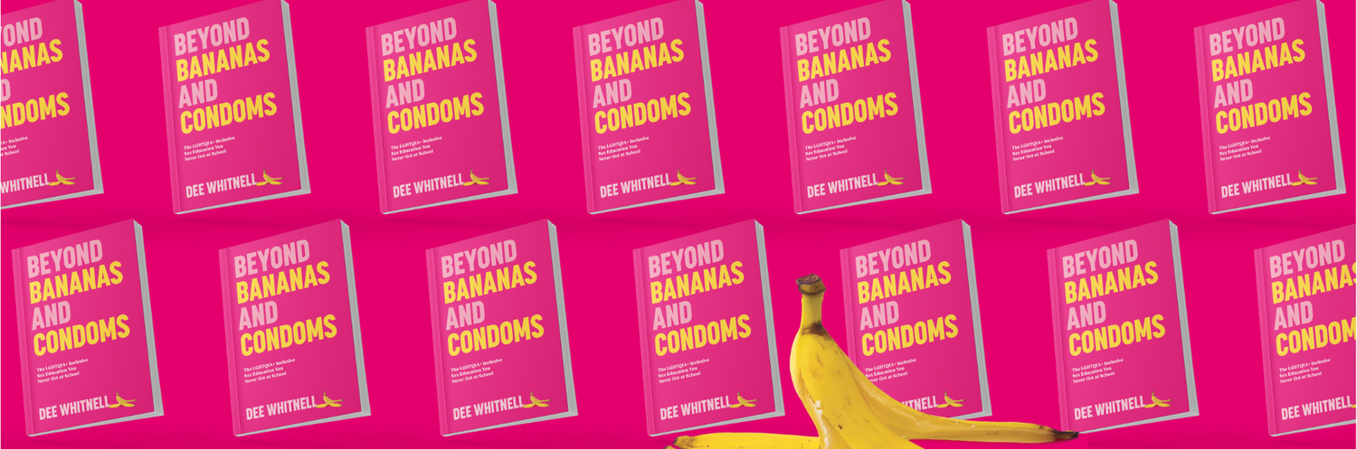 A colourful banner with multiple covers of the book Beyond Bananas and Condoms, with a banana peel graphic at the bottom